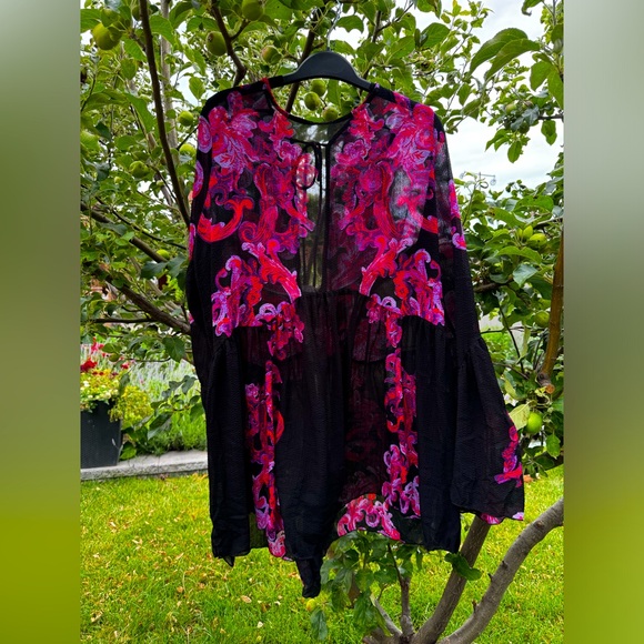 FREE PEOPLE Printed Symphony Black & Purple Long Sleeve Printed Slip Dress, Sz L - Picture 2 of 15